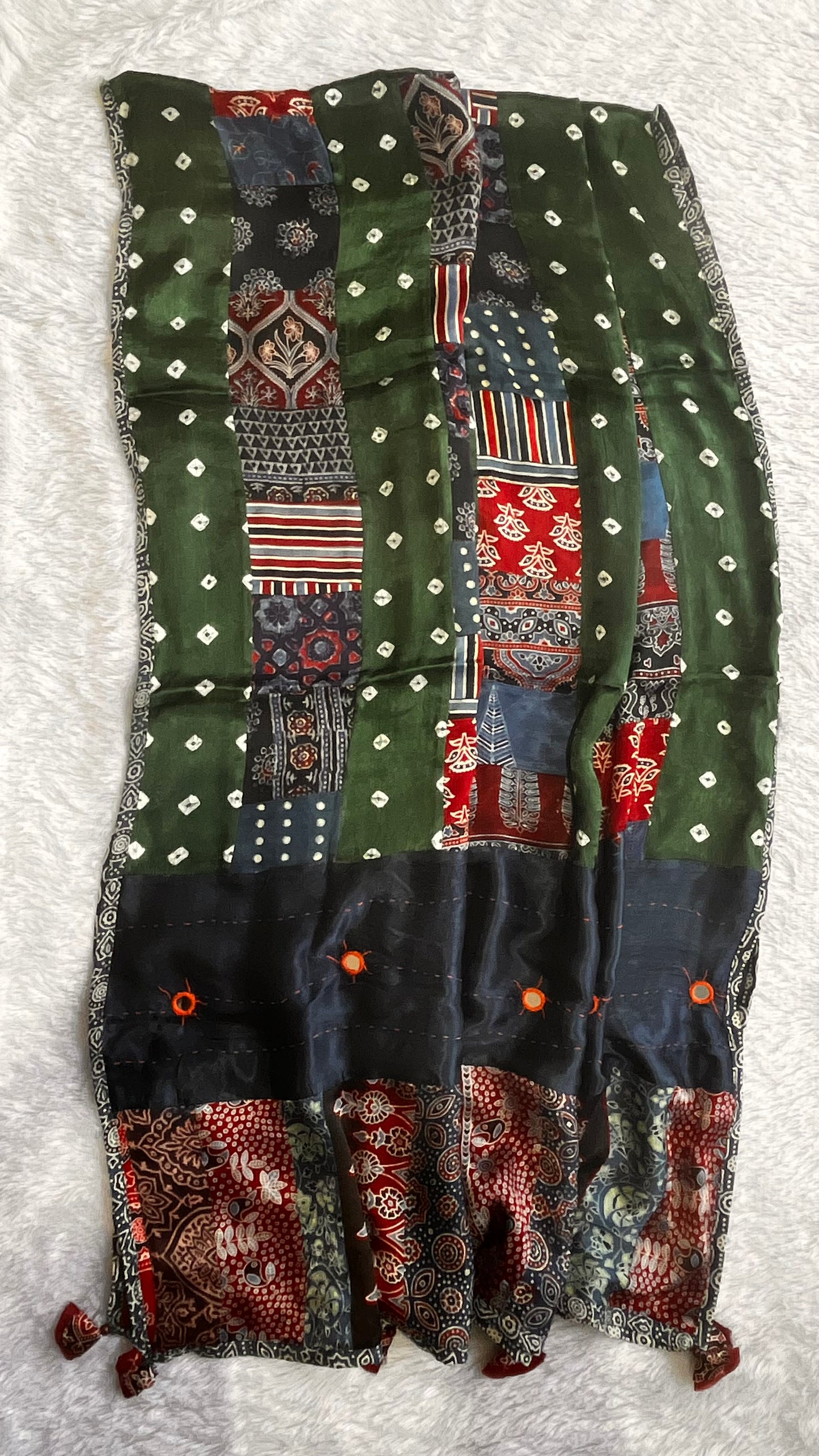 Bottle Green Multi Shade Bandhej Ajrakh Applique Patchwork Modal Silk Dupatta