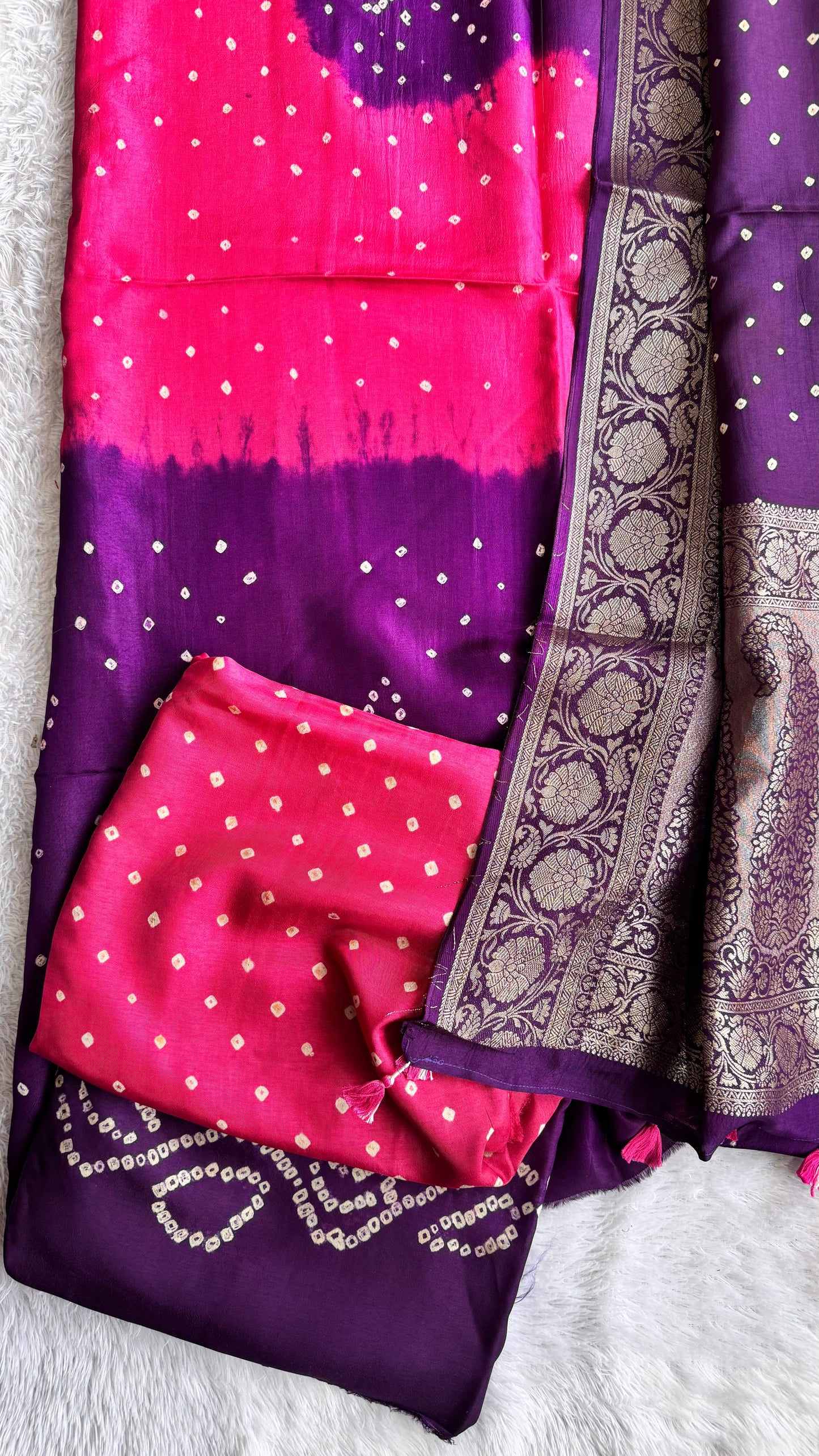 Pink and Purple Bandhej Pure Dola Silk Ajrakh Hand Block Print 3 pc Suit Material Set with Menakari Yoke and Nakkashi Dupatta and Bottom