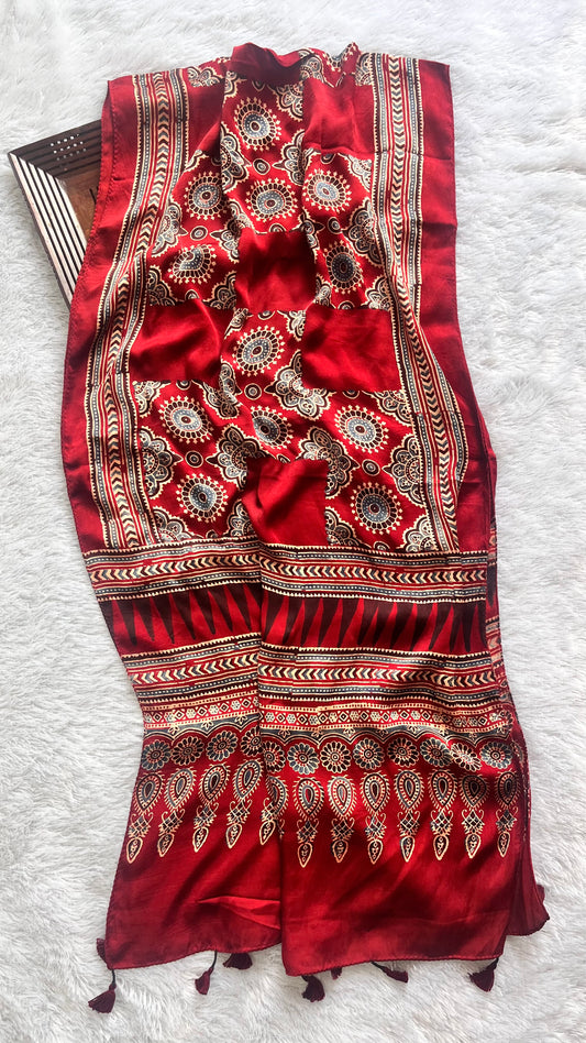 Red Abstract Motif Ajrakh Hand Block Print Modal Silk Stole with Tassels