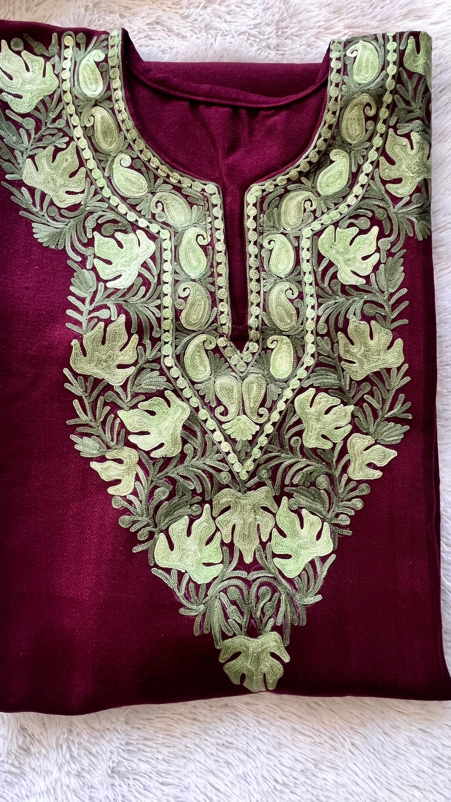 Maroon Shade with Green Kashmiri Aari Work Full Embroidered Pheran with Pockets