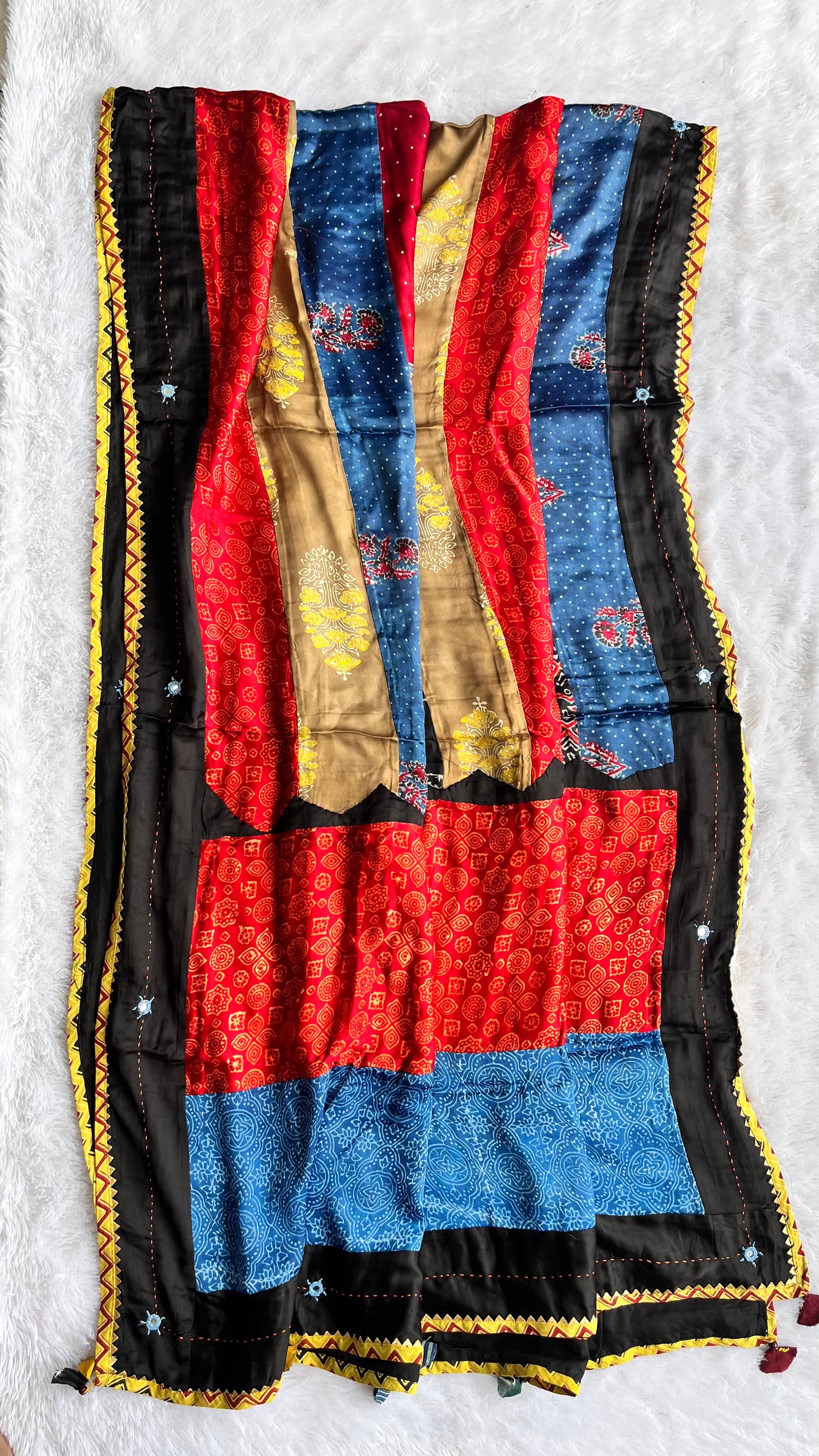 Multi Shade Ajrakh Applique Patchwork Modal Silk Kantha Work Dupatta with Tassels and Mirror-work