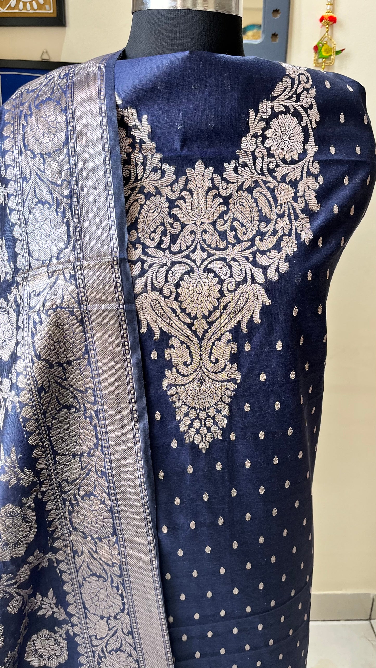 Navy Blue Shade Banarasi Silk Cotton 3-Piece Suit with Banarasi Woven Yoke & Dupatta