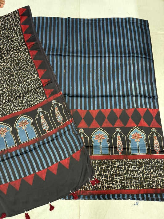 Blue Dhaari and Jahrokha Pure Modal Silk Suit Set with Modal Silk Dupatta