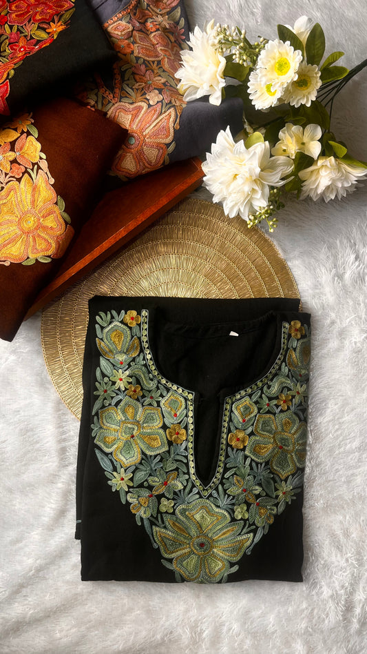 Midnight Black Aari Hand Embroidered Pure Marino Wool Pheran with Pockets
