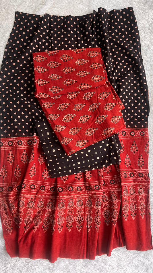 Red and Black Buti Motif Pure Cotton Ajrakh Unstitched Suit Set with Ajrakh Cotton Dupatta