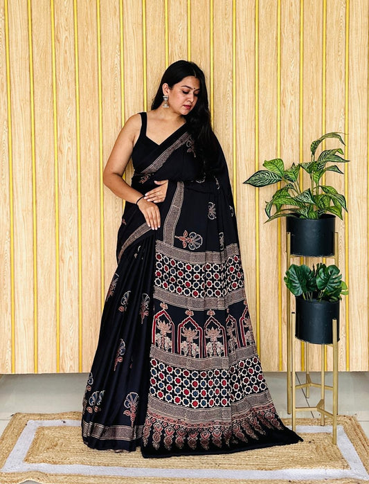 Kusum Ajrakh Hand Block Modal Silk Saree (Without Blouse)