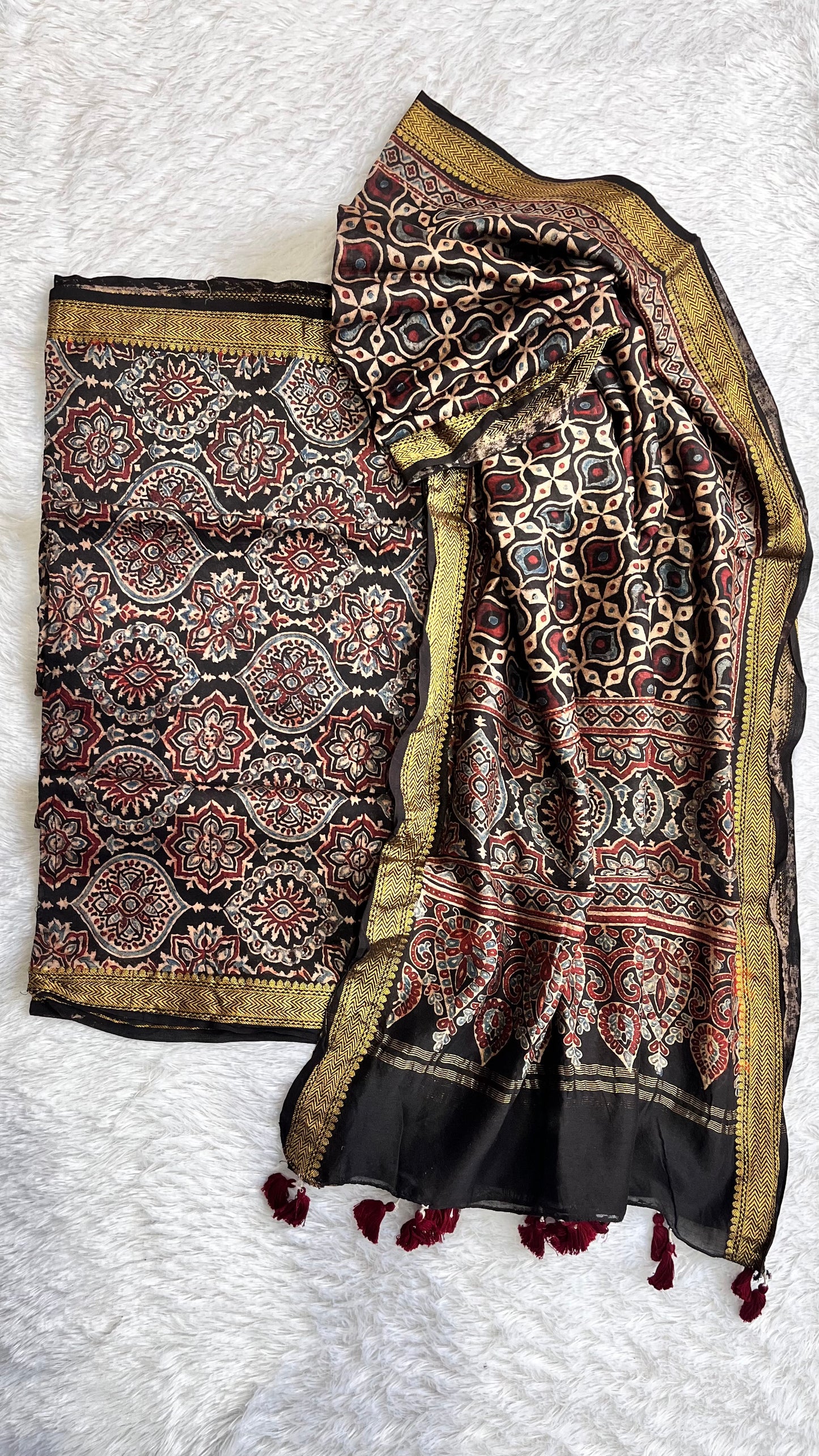 Black Badaam Buta Motif Ajrakh Hand Block Print Chanderi Silk Suit Material