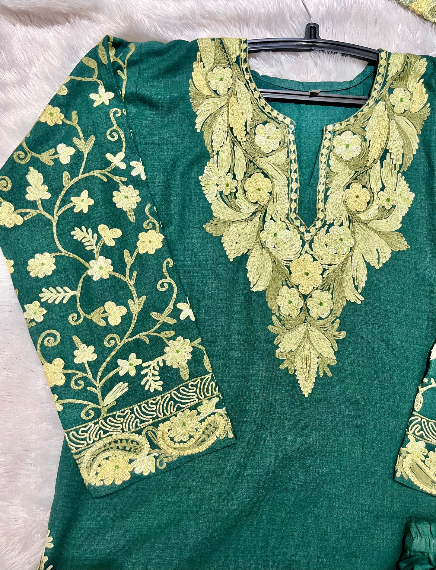 Bottle Green Rayon Cotton Kashmiri Hand Embroidery Co Ord Set ( Size 38, 40)