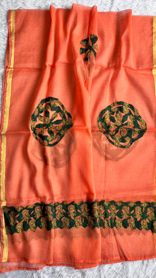 Peach and Green Kota Doria Dupatta with Blue Ajrakh Applique Patchwork