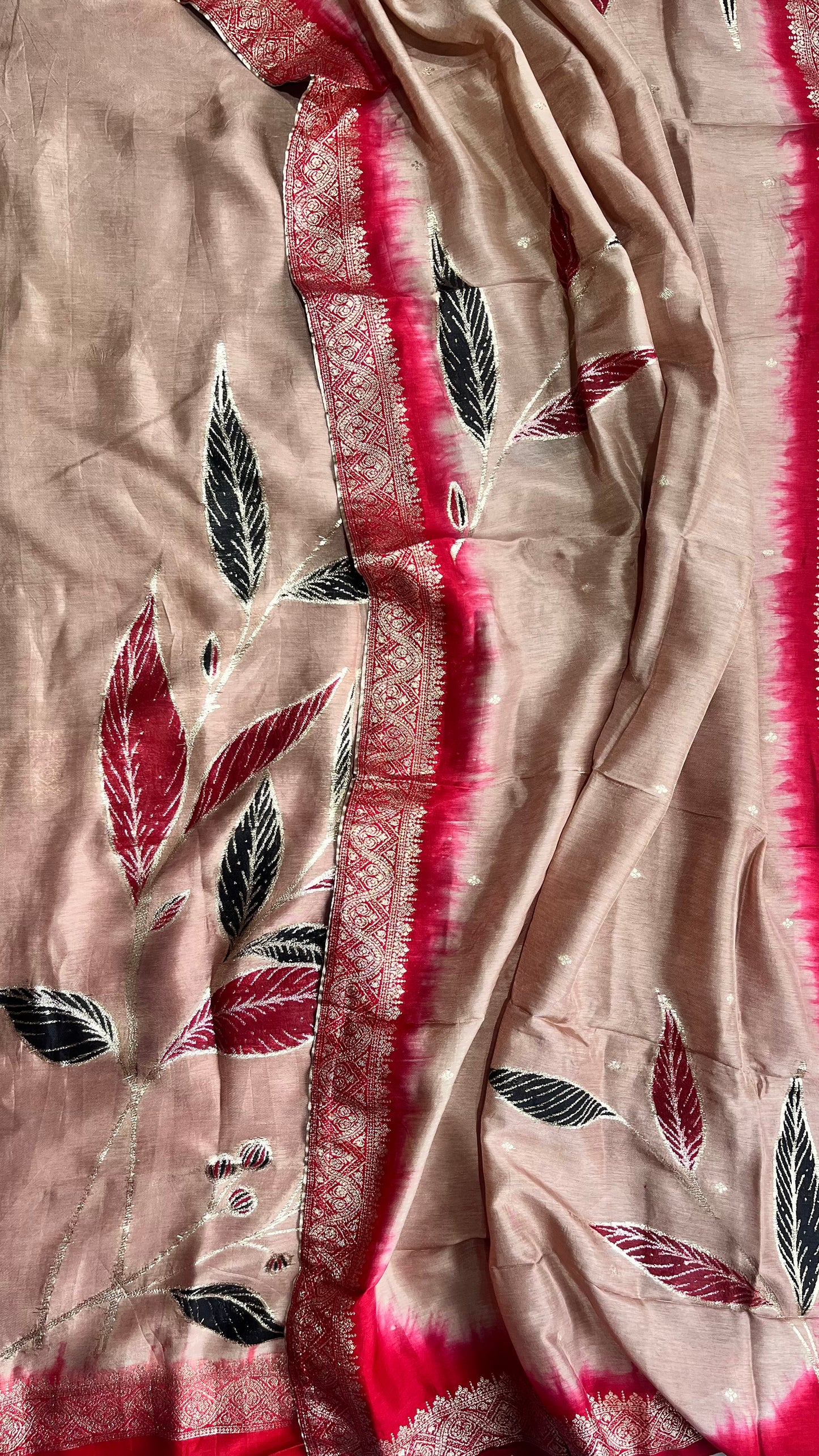 Biscuit Shade Dola Silk Hand Brush Print 2pc Suit Material Set with Zari Pallu and Full Finish with Tassels