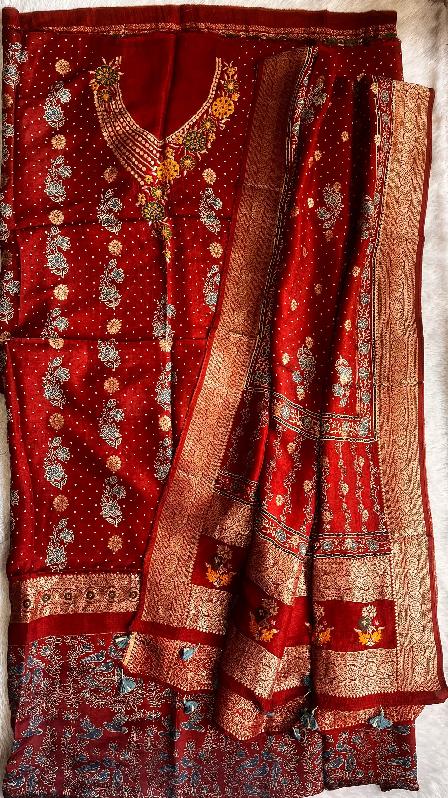 Maroon Shade Mugal Boota Pure Dola Silk Ajrakh Hand Block Print 2pc Suit Material Set with Menakari Yoke and Nakkashi Dupatta