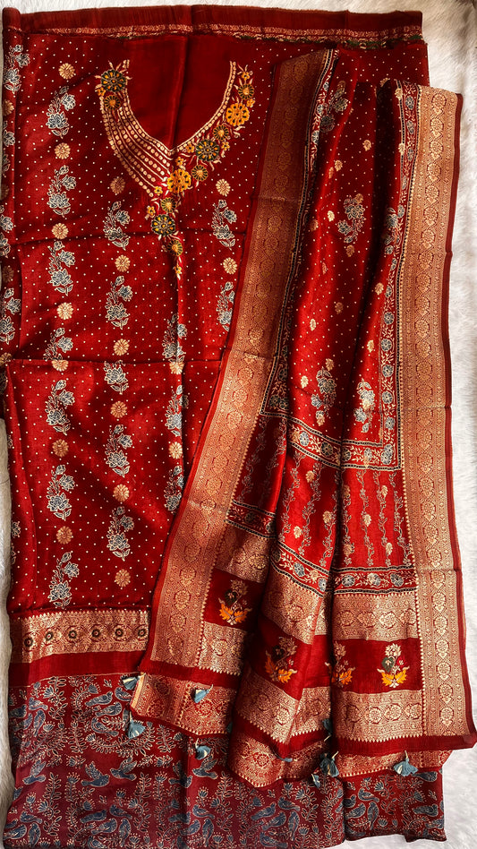 Maroon Shade Mugal Boota Pure Dola Silk Ajrakh Hand Block Print 2pc Suit Material Set with Menakari Yoke and Nakkashi Dupatta