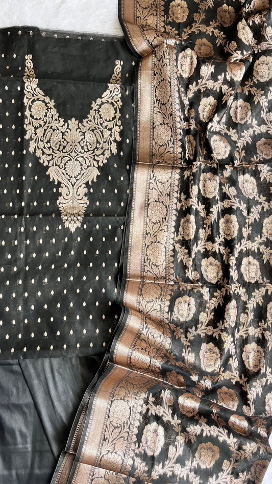 Mesmerising Black Shade Banarasi Silk Cotton 3-Piece Suit with Banarasi Woven Yoke & Dupatta