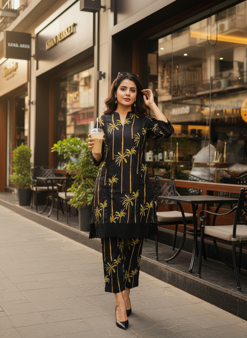 Black Tree Buta Print Pure Cotton Co Ord Set with Lace Details and Pockets