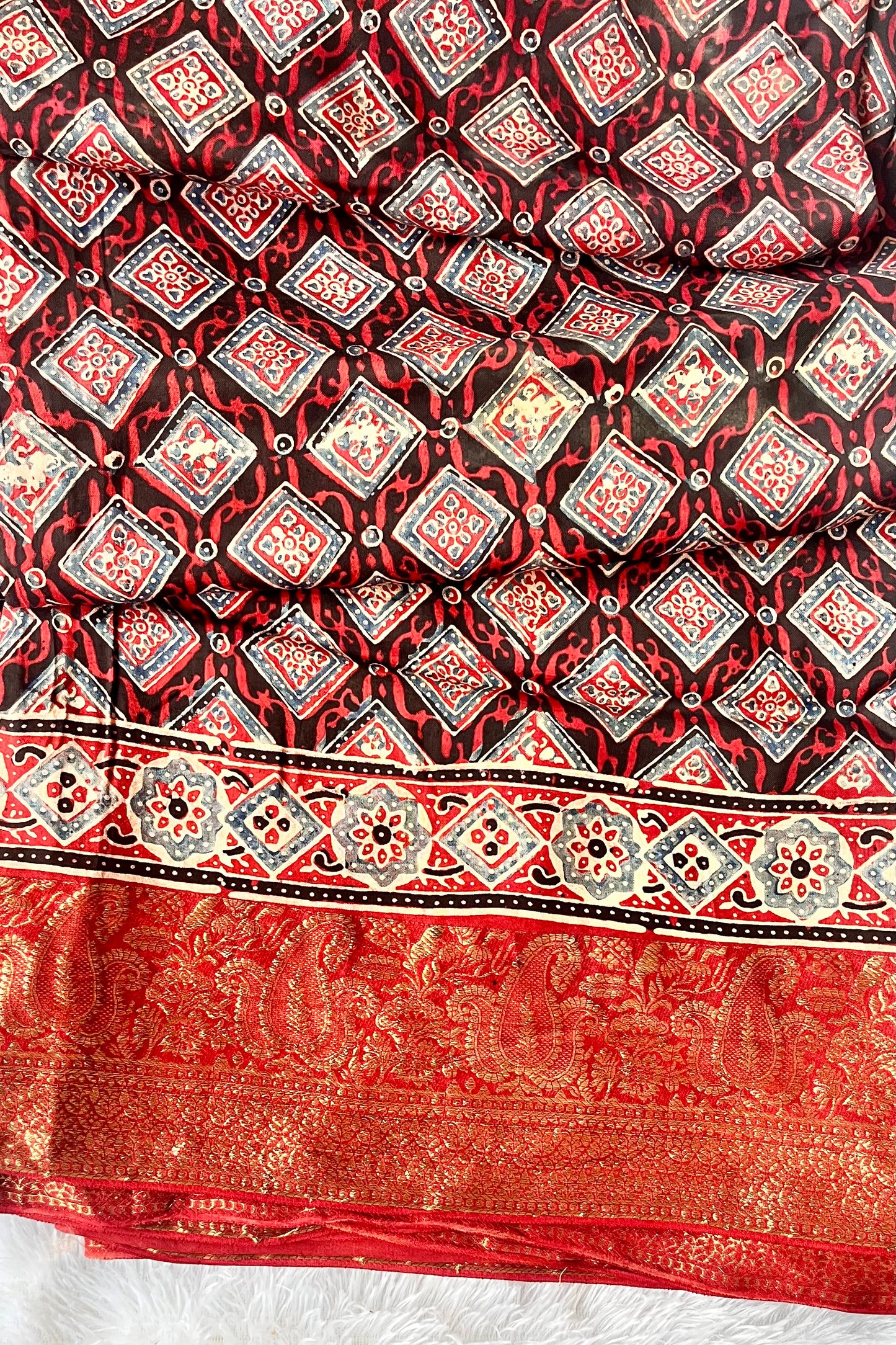 Dhriti Ajrakh Hand Block Dola Silk Saree with Zari Pallu (With Blouse)