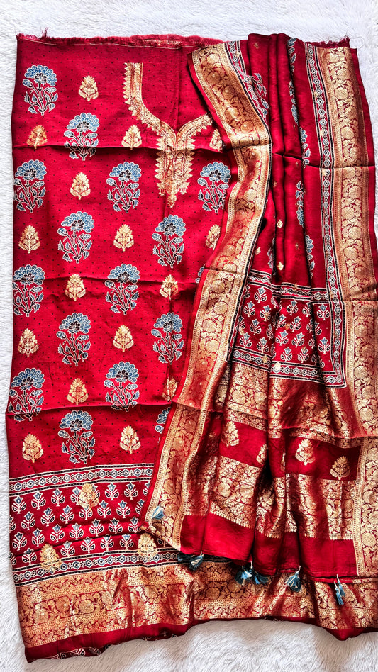 Deep Red Mugal Boota Pure Dola Silk Ajrakh Hand Block Print 2pc Suit Material Set with Zari Yoke and Nakkashi Dupatta