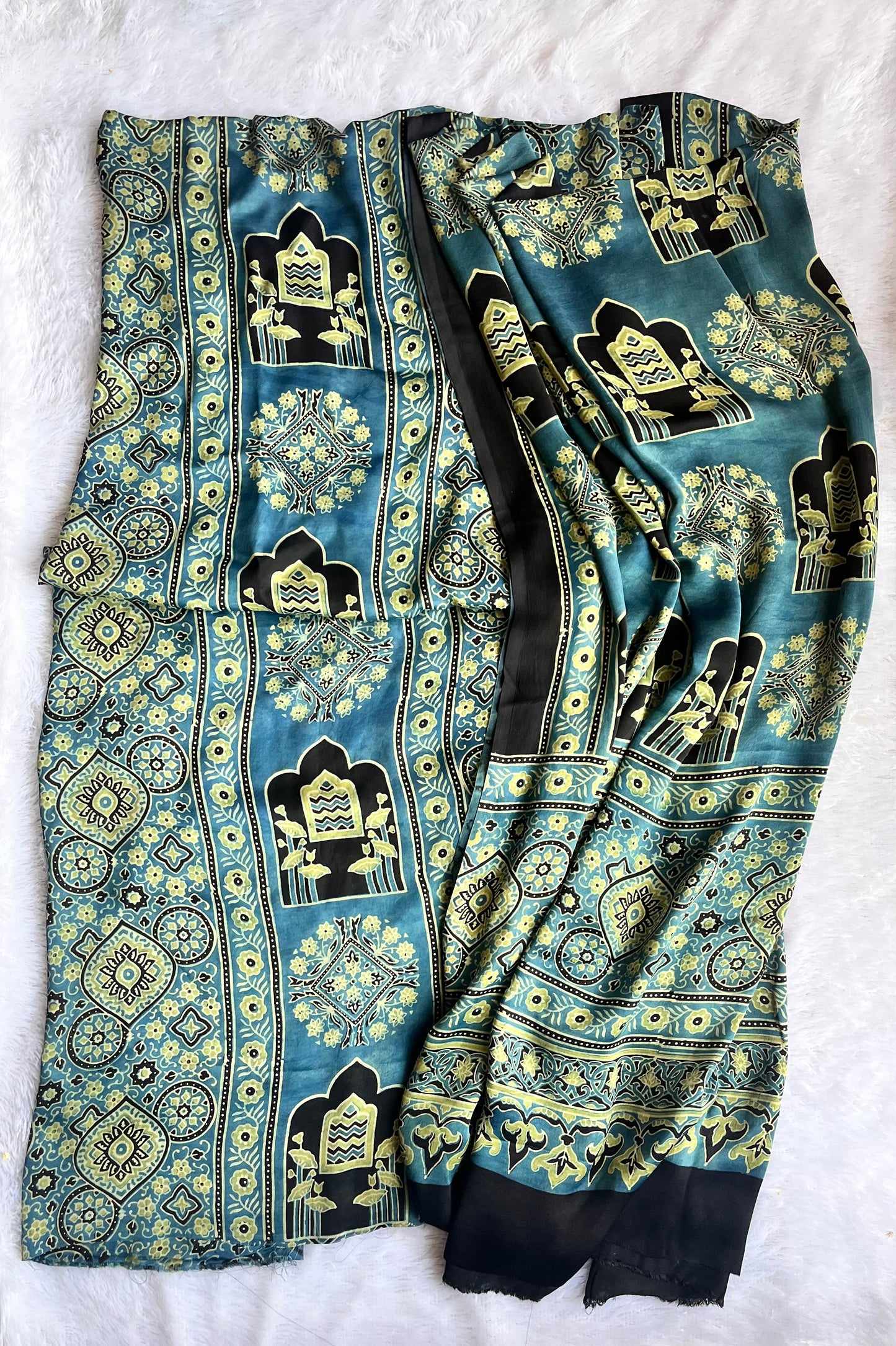 Indigo Lotus Flower Print Modal Silk Ajrakh Natural Dyed Hand Block Print 2pc Suit Material Set