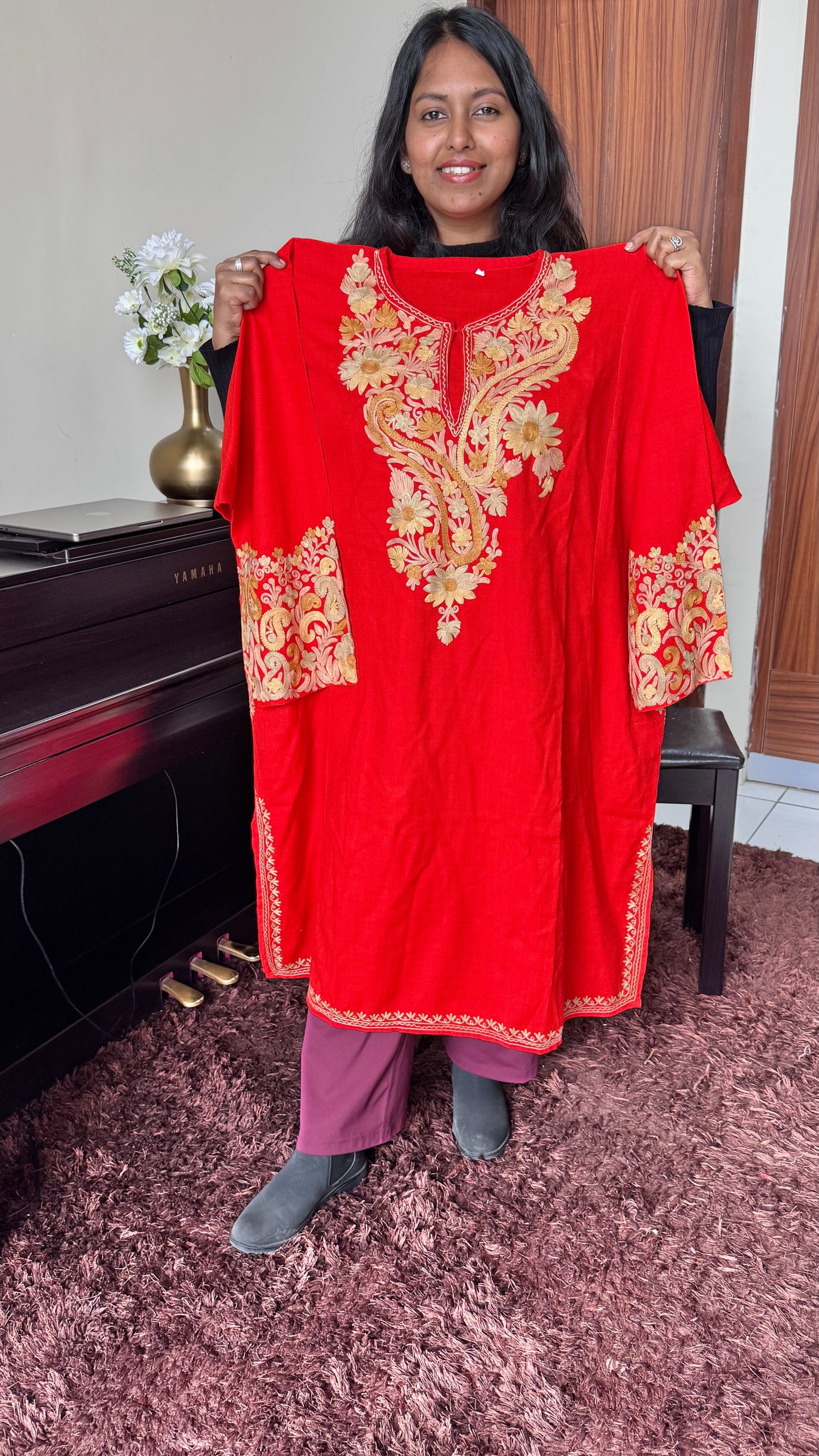 Chatpata Laal Shade Hand Embroidered Pure Marino Wool Kashmiri Pheran with Pockets and Hand Embroidered Sleeves (Size 56”)