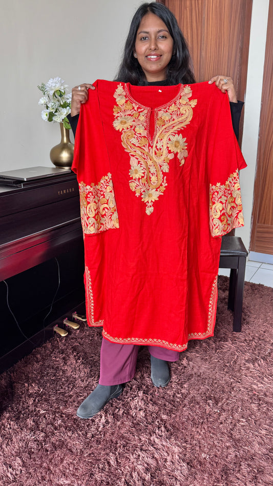 Chatpata Laal Shade Hand Embroidered Pure Marino Wool Kashmiri Pheran with Pockets and Hand Embroidered Sleeves (Size 56”)