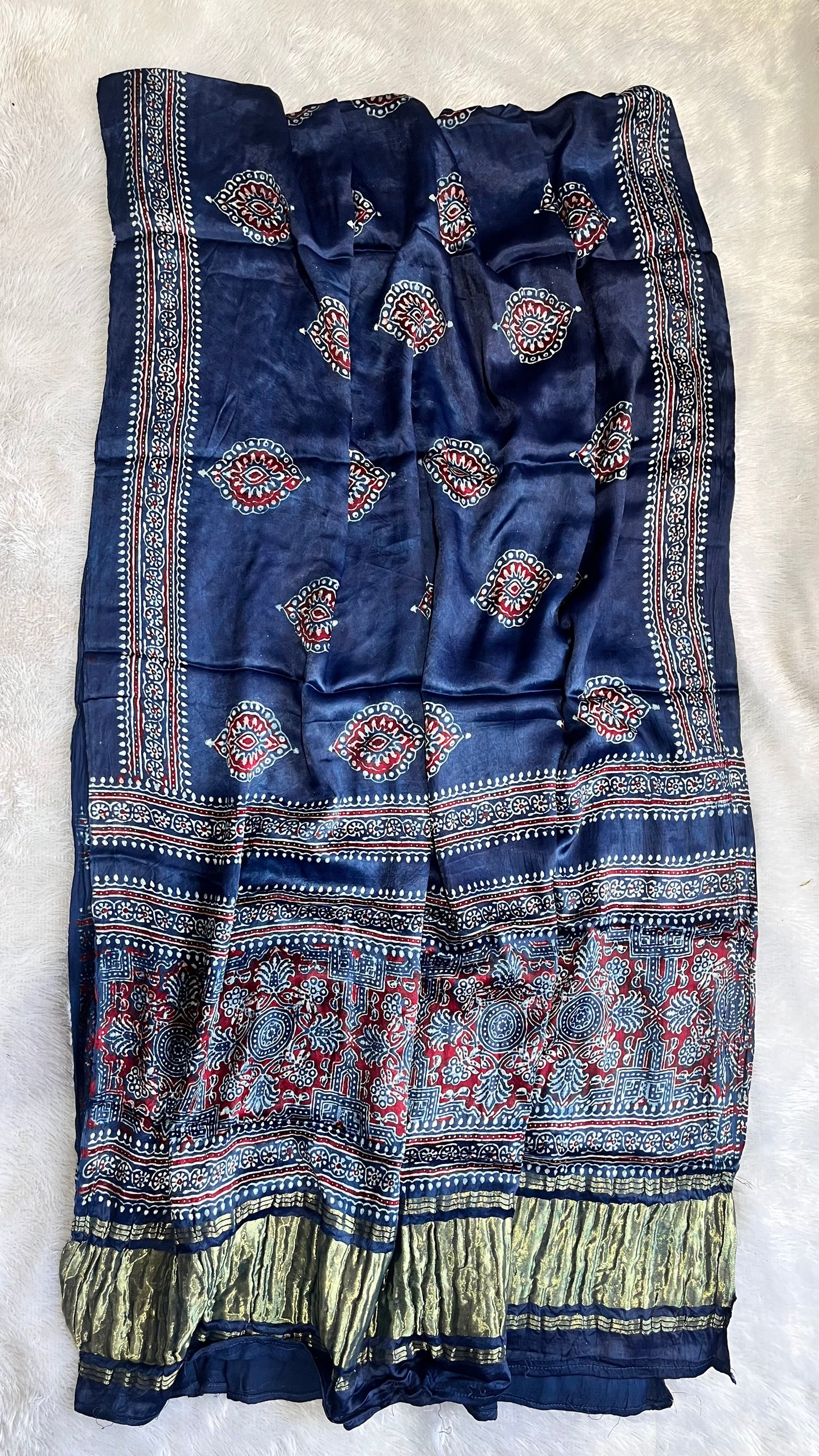 Royal Blue Sipi Motif Ajrakh Handblock Printed Modal Silk Lagdi Patti Dupatta