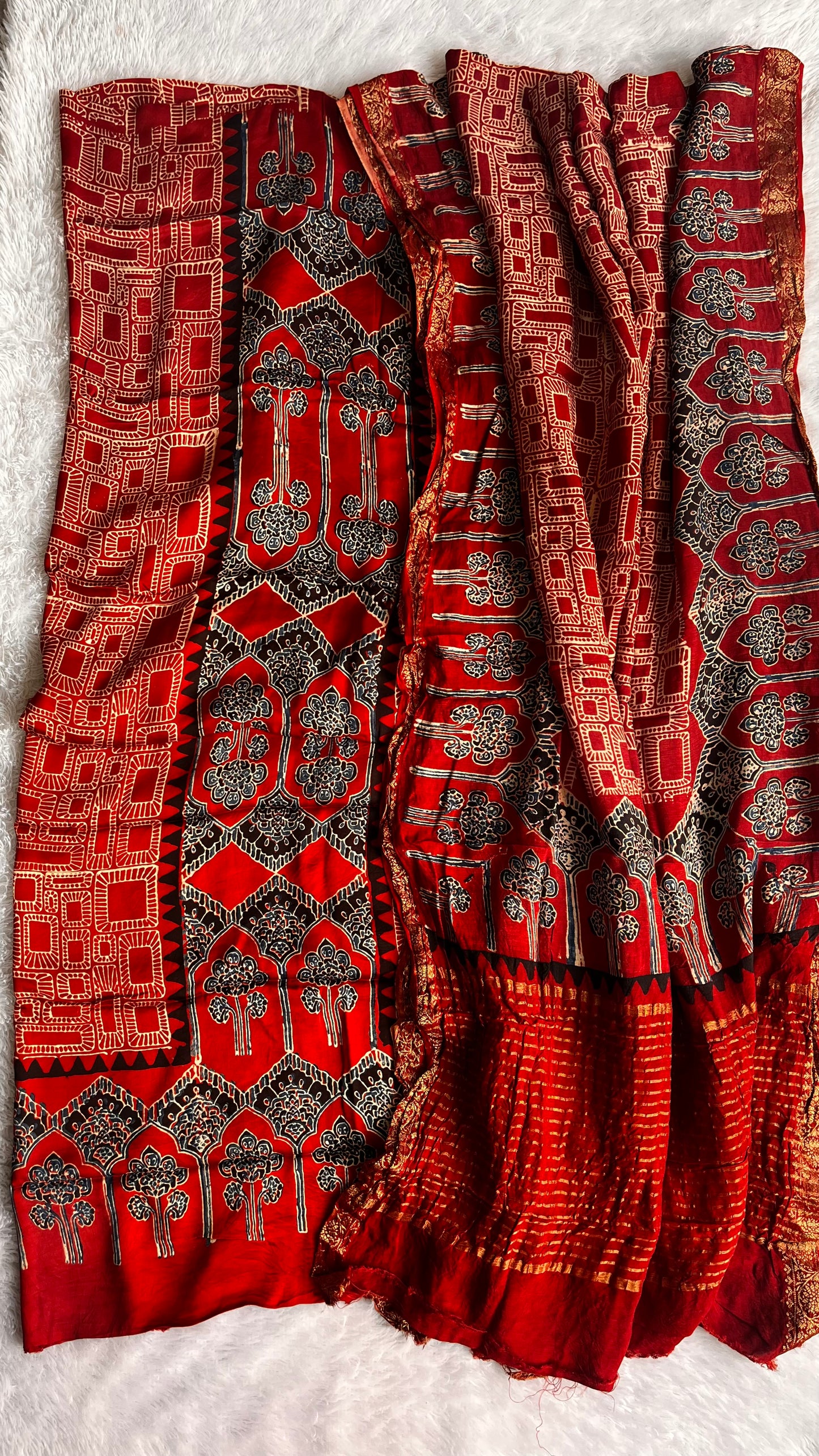 Ravishing Red Buta Motif Modal Silk Suit with Ajrakh Dola Silk Dupatta