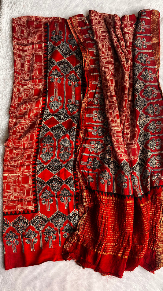 Ravishing Red Buta Motif Modal Silk Suit with Ajrakh Dola Silk Dupatta