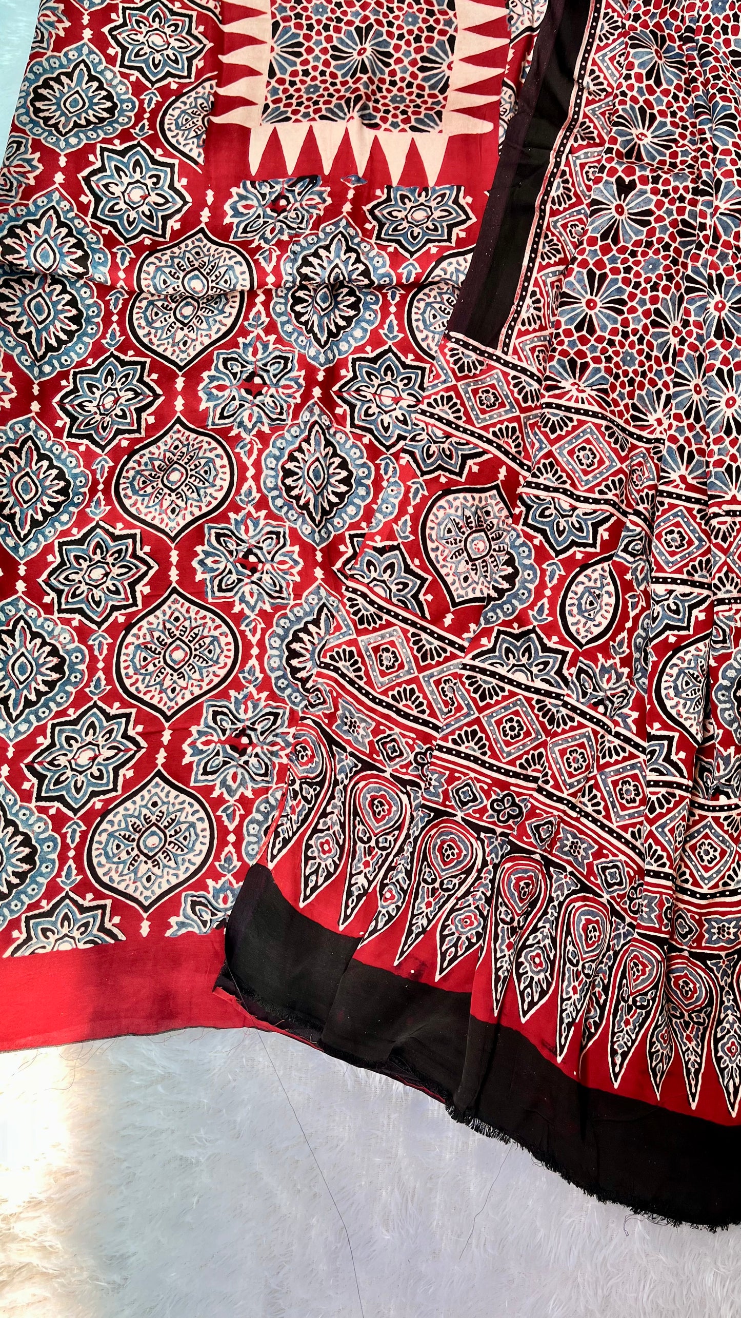 Red Badaam Buta Motif Modal Silk Hand Block Print 2pc Suit Material Set