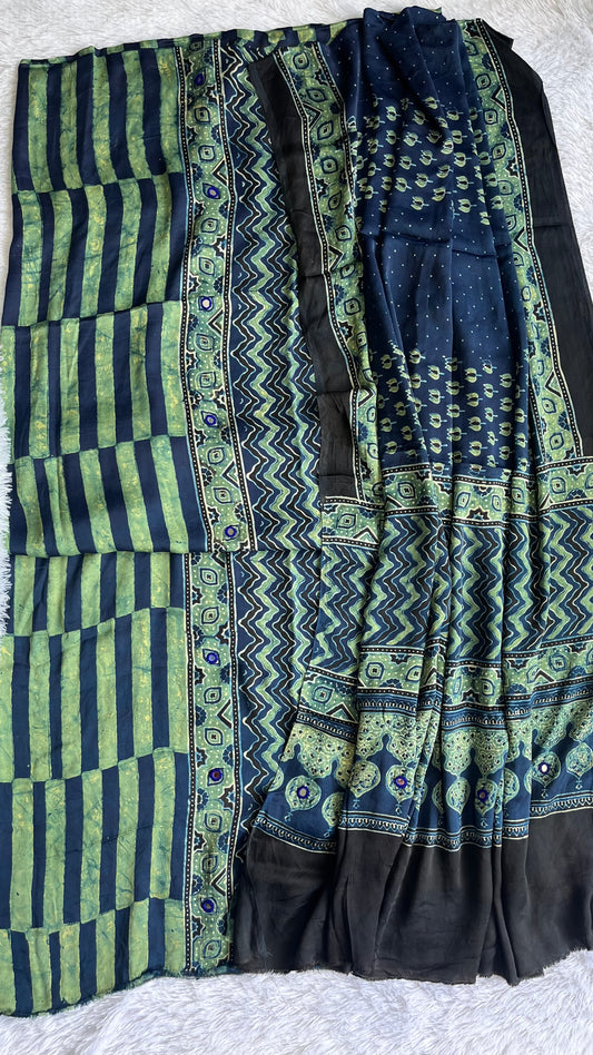 Indigo Zigzag Buta Print Modal Silk Ajrakh Hand Block Print 2pc Suit Material Set with Mirror Work