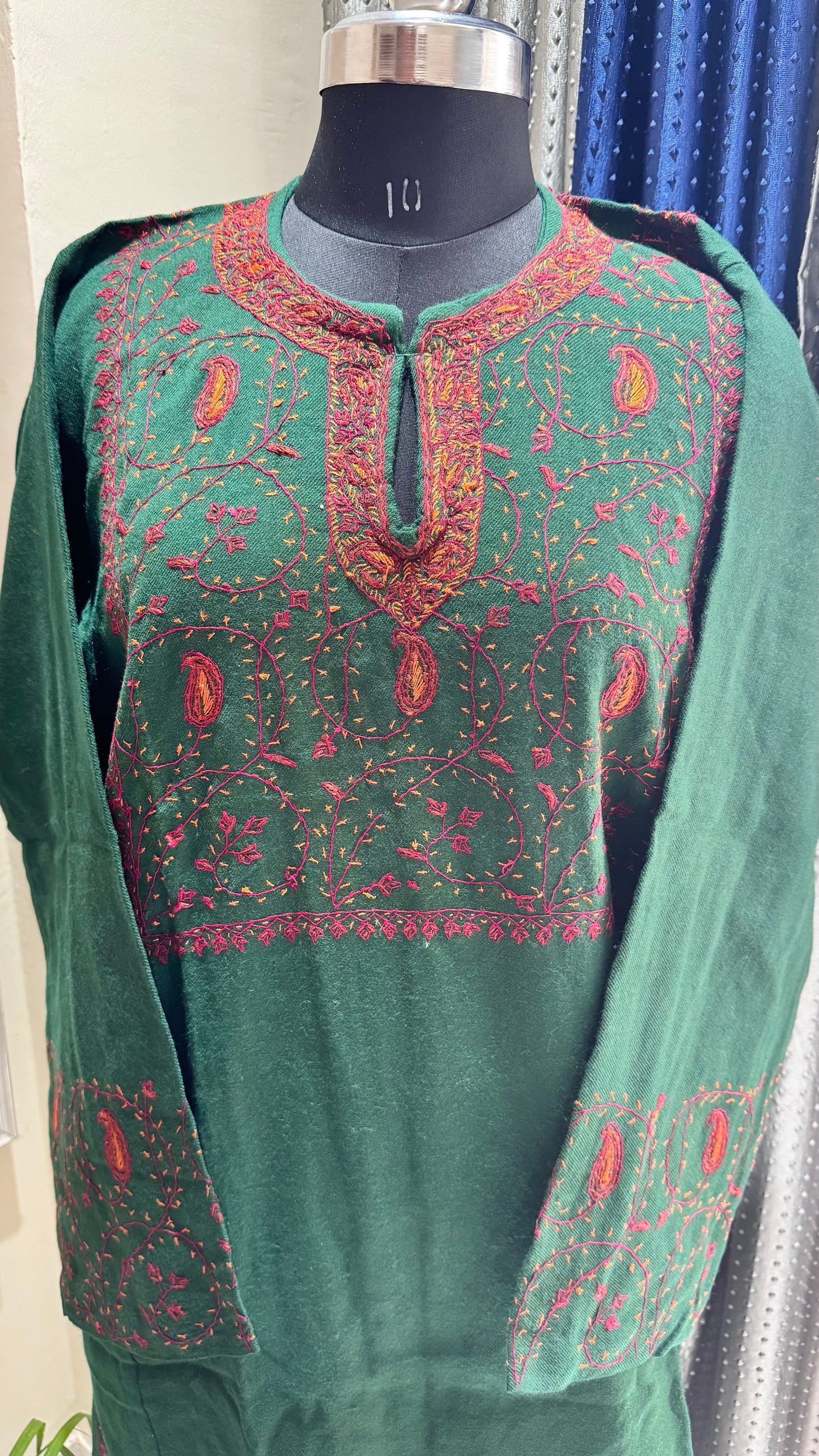 Bottle Green Hand Embroidered Pure Marino Wool Kashmiri Pheran with Pockets and Hand Embroidered Sleeves (Size 54”)