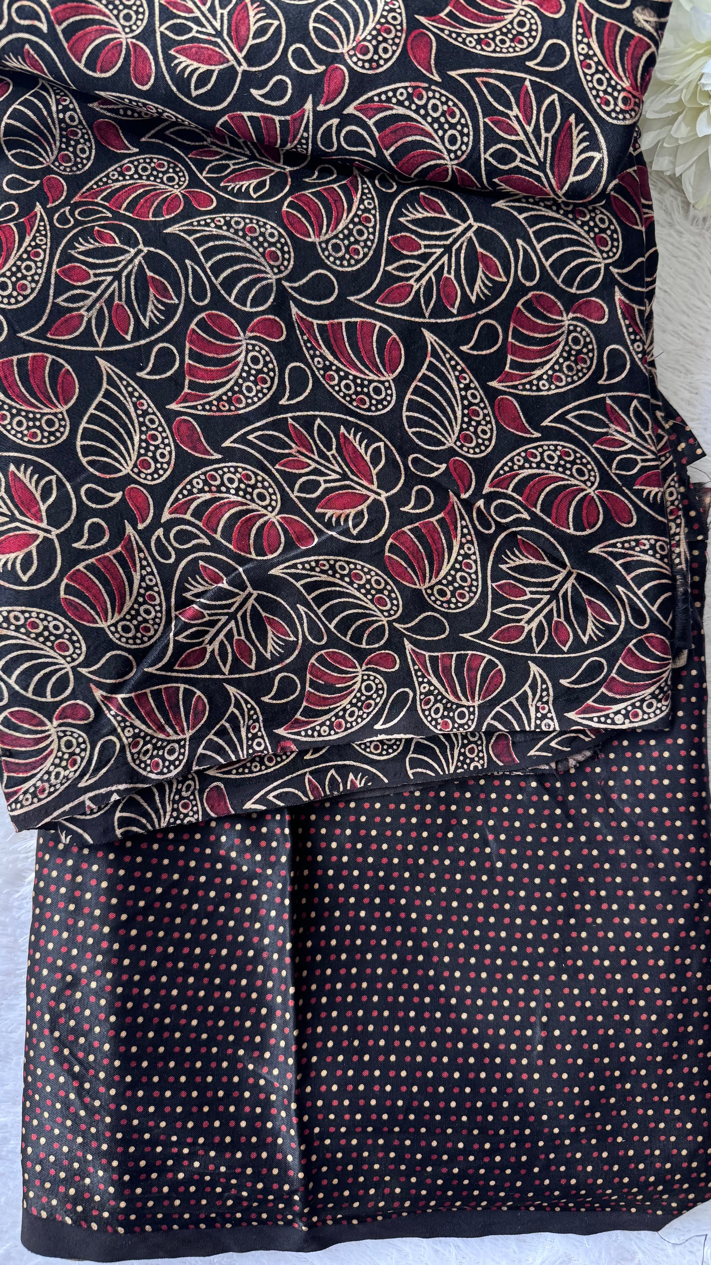 Black and Red Leaf Motif and Asopallav Ajrakh Mashru Silk Kurta Pant Fabric