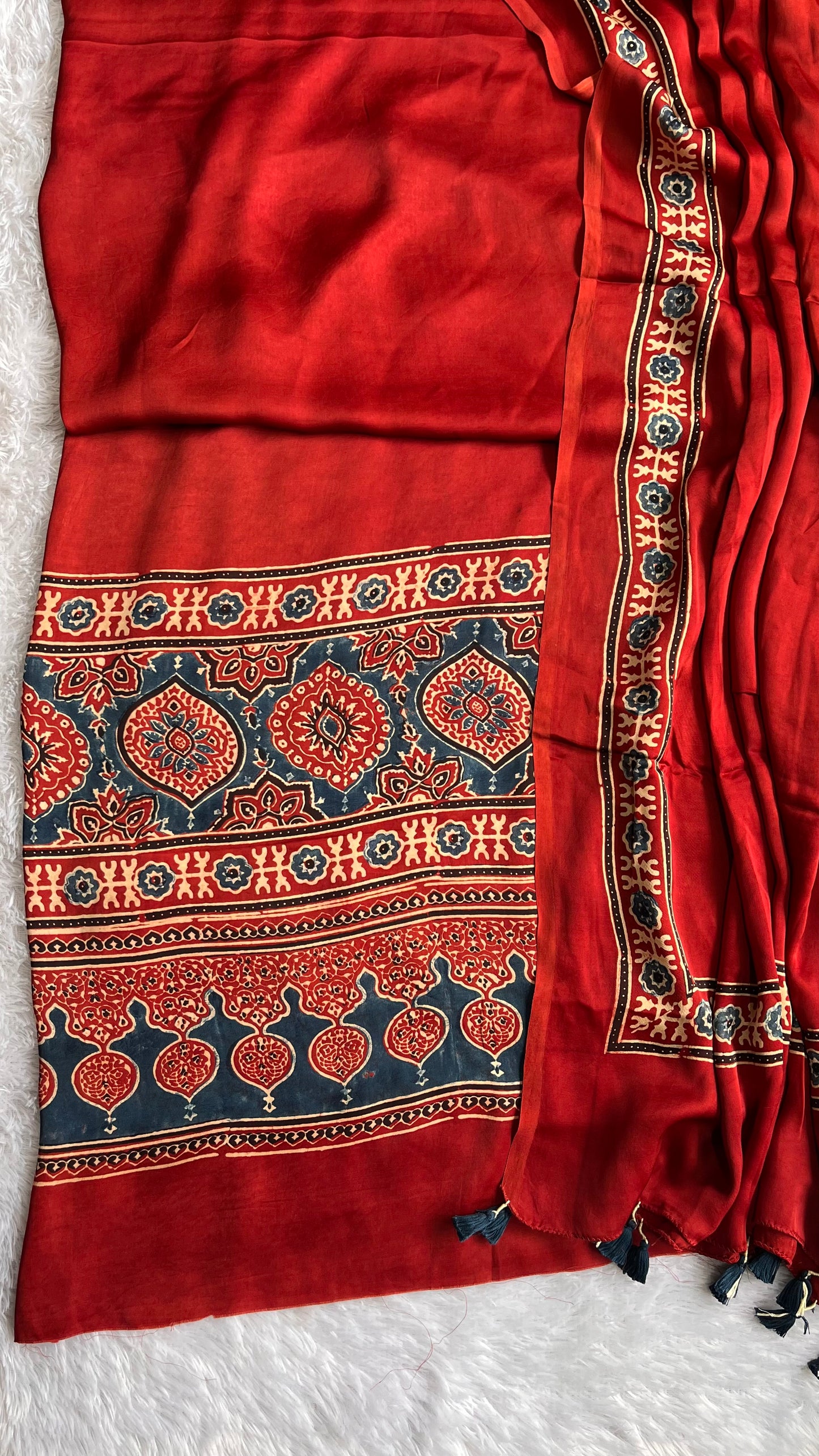 Deep Red Solid Shade Classic Motif Modal Silk Ajrakh Hand Block Print 2pc Suit Set