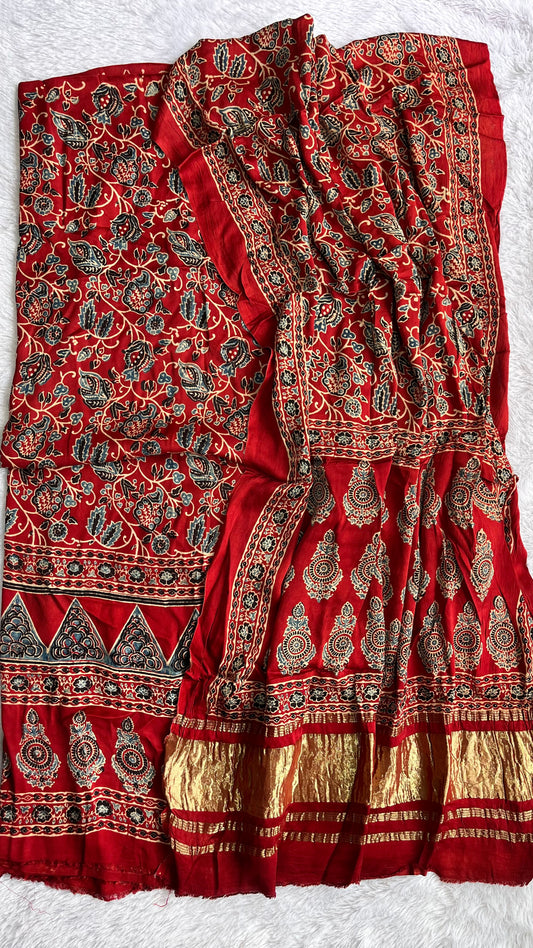Deep Red Floral Buta Motif Modal Silk Ajrakh Natural Dyed Hand Block Print 2pc Suit Material Set with Lagdi Patti Dupatta