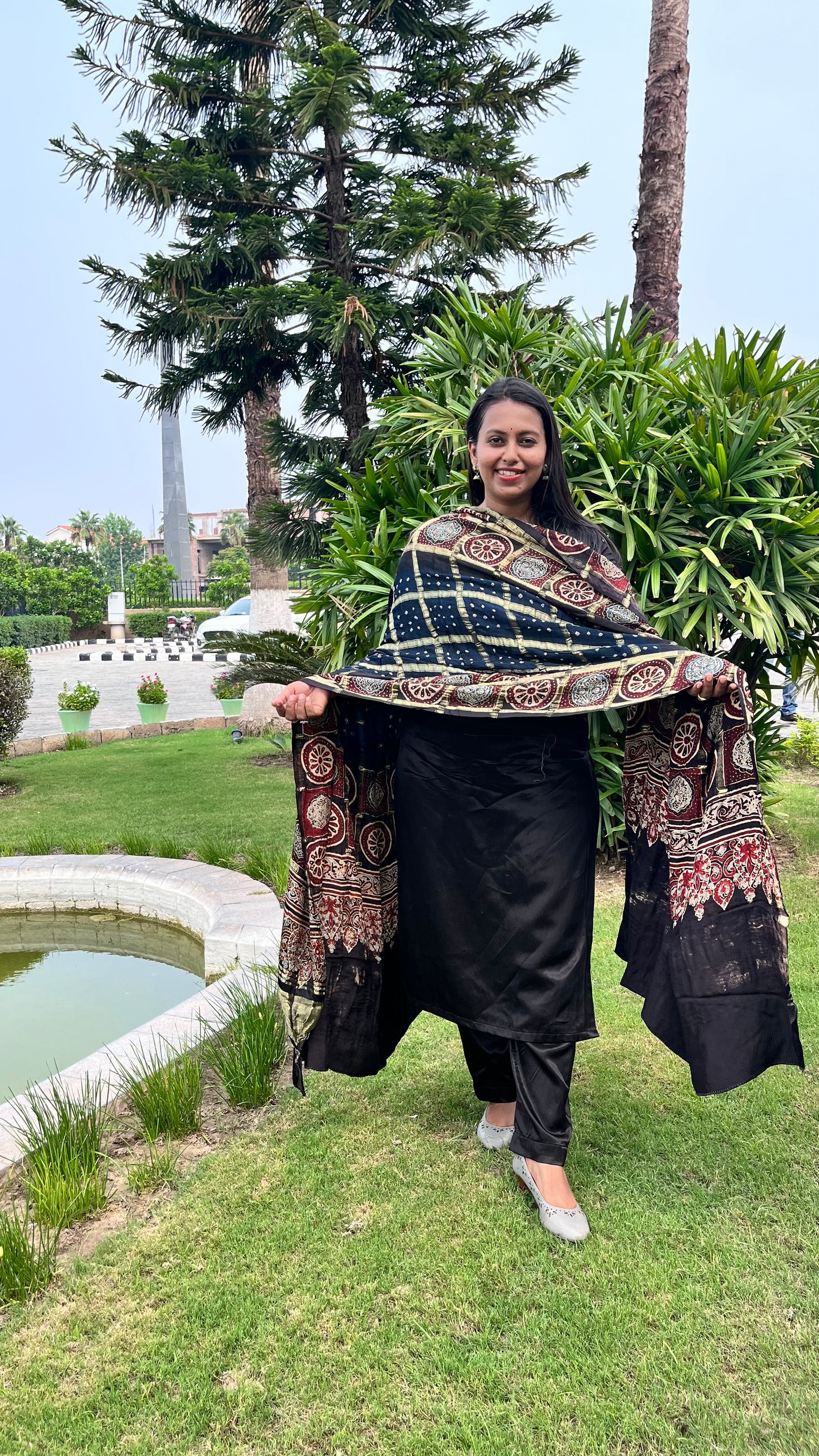 Navy Blue Gharchola Modal Silk Bandhani Ajrakh Dupatta with Lagdi Patti