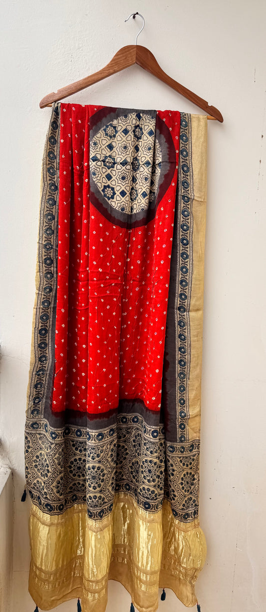Rust Orange Multi Dotted Modal Silk Bandhani Ajrakh Lagdi Patti Dupatta