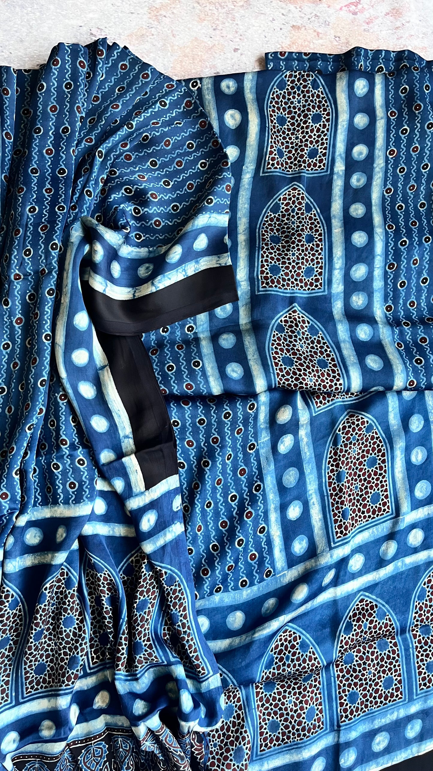 Blue and White Jharokha Motif Modal Silk Ajrakh Natural Dyed Hand Block Print 2pc Suit Material Set