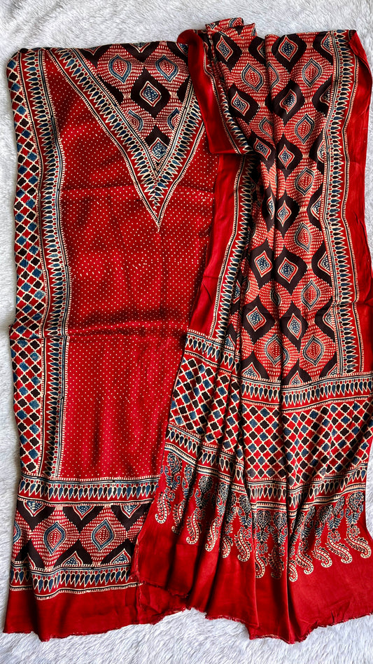 Deep Red Grid Print Ajrakh Motif Modal Silk 2pc Suit Set Material