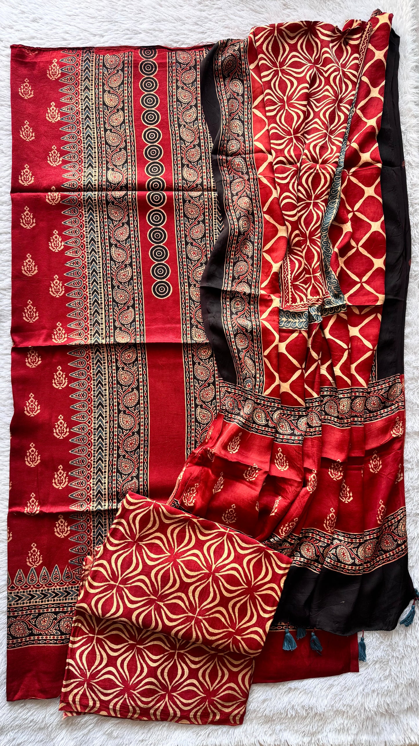 Deep Red Motif Ajrakh Hand Block Print Mashru Silk 3 pc Suit Material with Modal Silk Dupatta