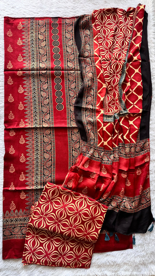 Deep Red Motif Ajrakh Hand Block Print Mashru Silk 3 pc Suit Material with Modal Silk Dupatta