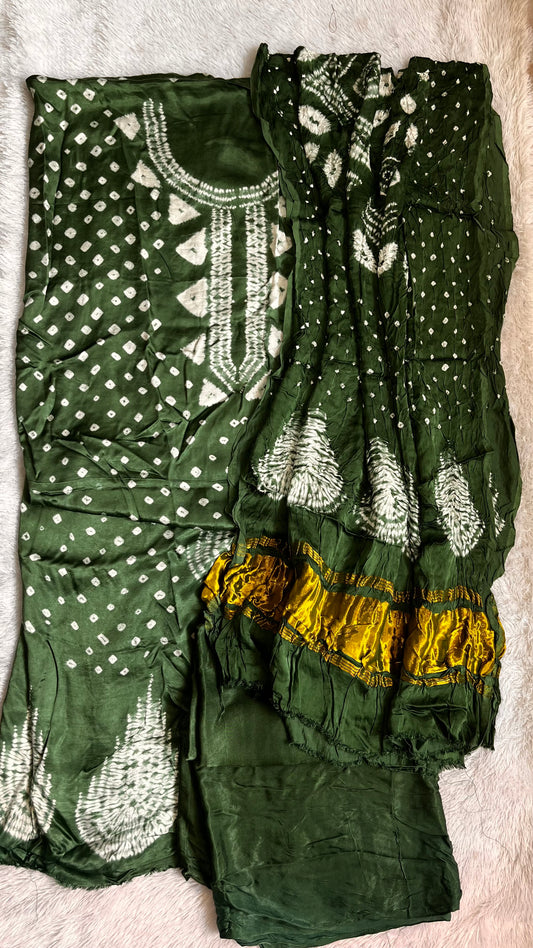 Bottle Green Semi Modal Silk Bandhej Suit Set with Modal Silk Lagdi Patti Dupatta (3 Pc)