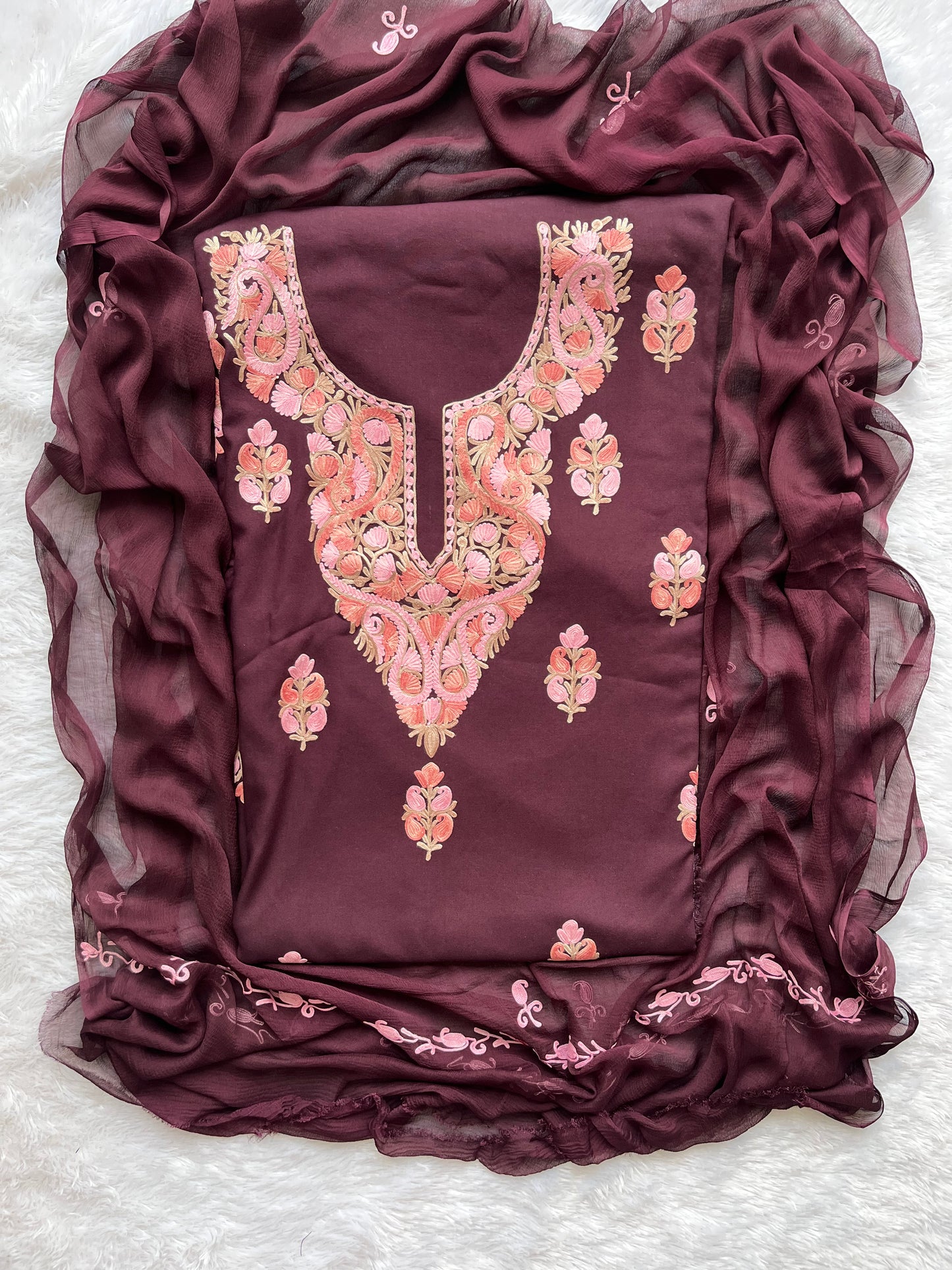 Deep Wine Shade Muslin Cotton Kashmiri Aari Full Embroidered 3pc Suit Set