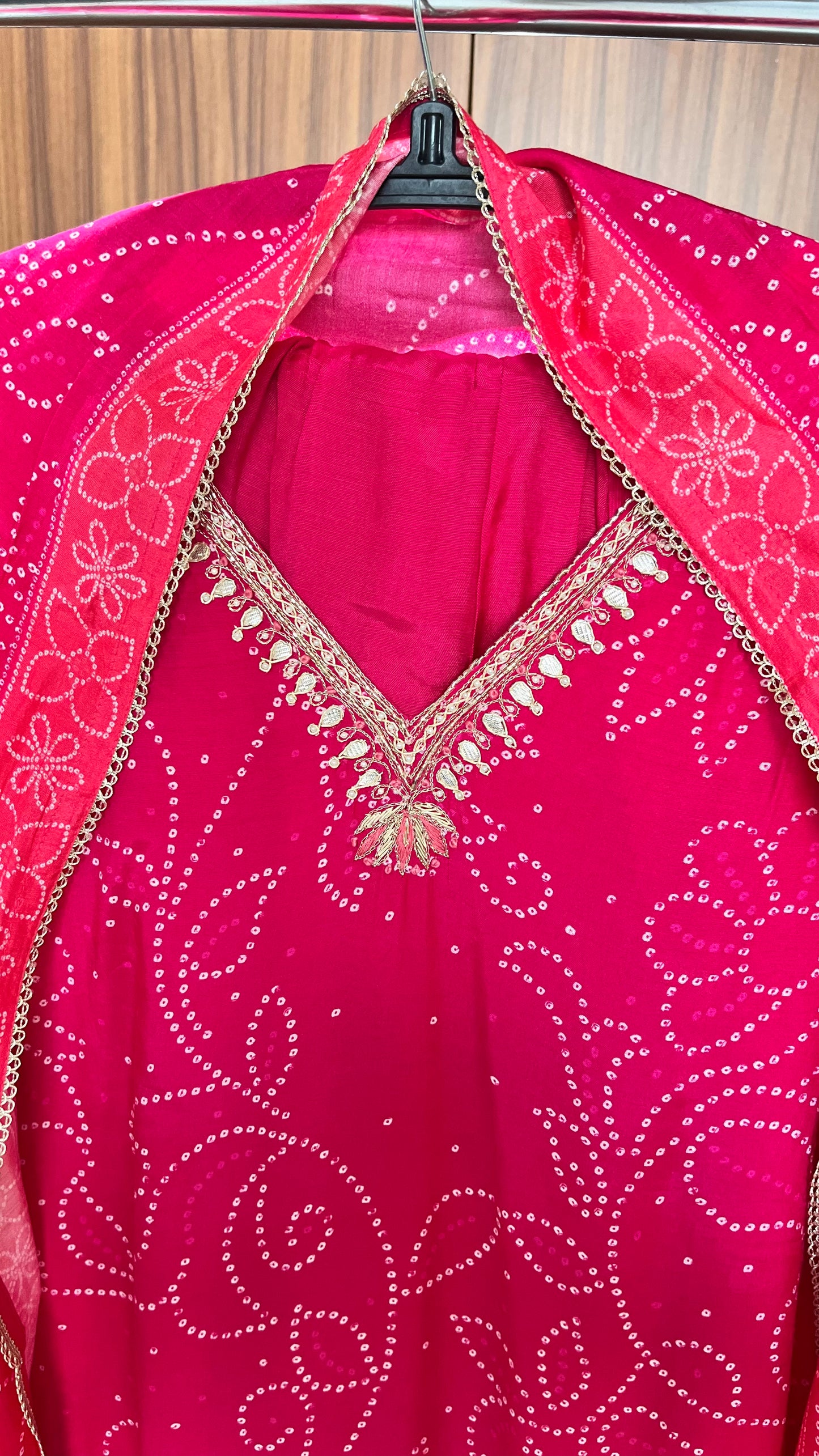 Pink Dual Toned Raidana Bandhej Motif Pure Muslin Suit Set with Muslin Dupatta