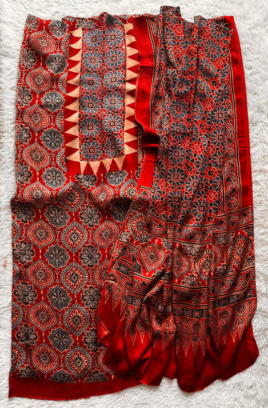 Red Classic Badaam Buta Modal Silk Hand Block Print 2pc Suit Material with Modal Silk Dupatta