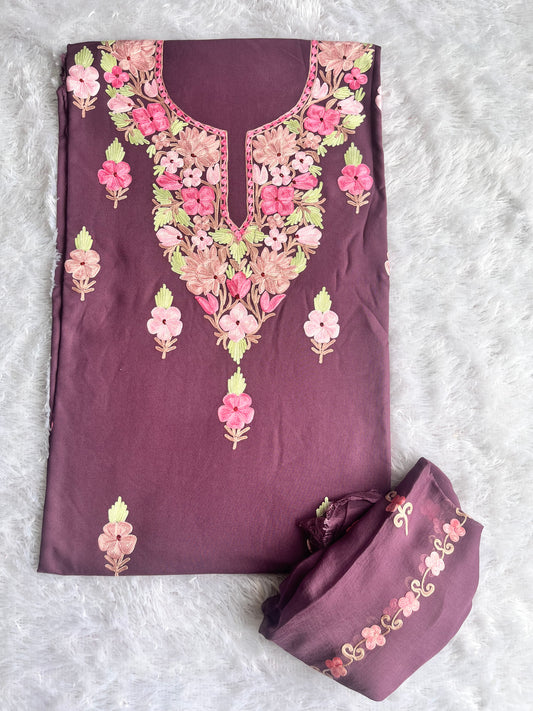 Mauve Muslin Cotton Kashmiri Aari Full Embroidered 3pc Suit Set