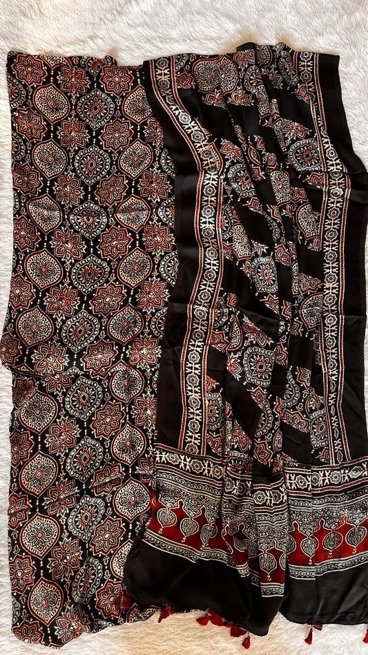 Jet Black Classic Badaam Buta Hand Block Print 2pc Suit Material Set with Modal Silk Dupatta