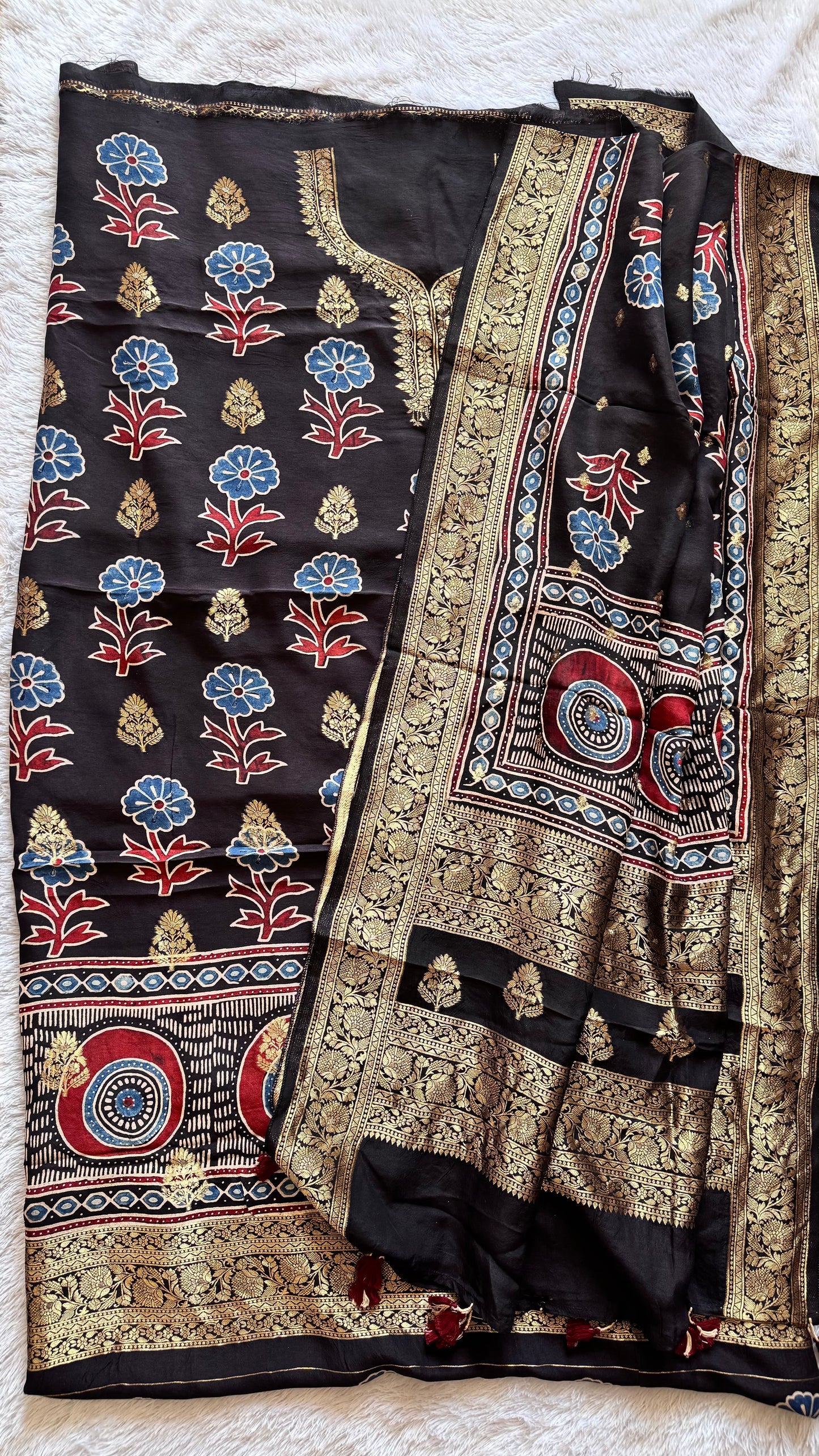 Black Floral Boota Pure Dola Silk Ajrakh Hand Block Print 2pc Suit Material Set with Zari Yoke and Nakkashi Dupatta