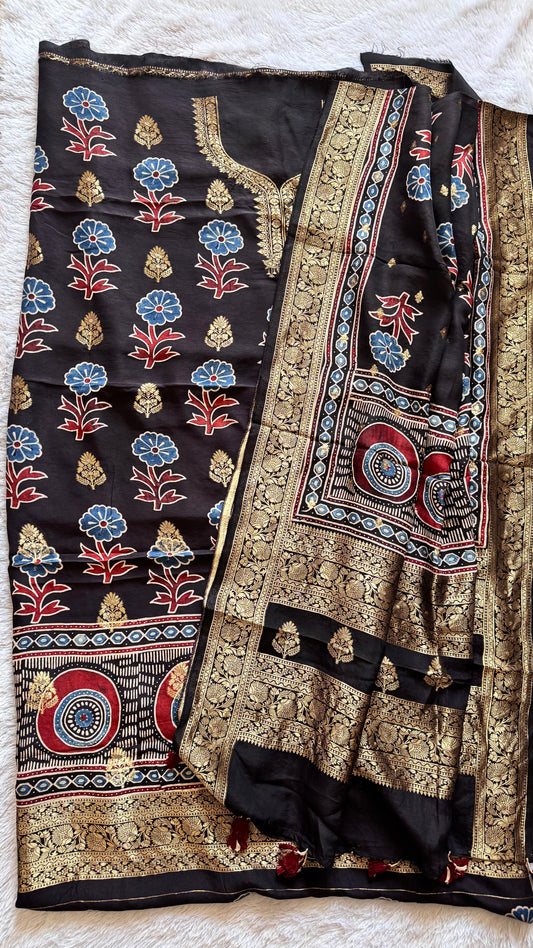 Black Floral Boota Pure Dola Silk Ajrakh Hand Block Print 2pc Suit Material Set with Zari Yoke and Nakkashi Dupatta