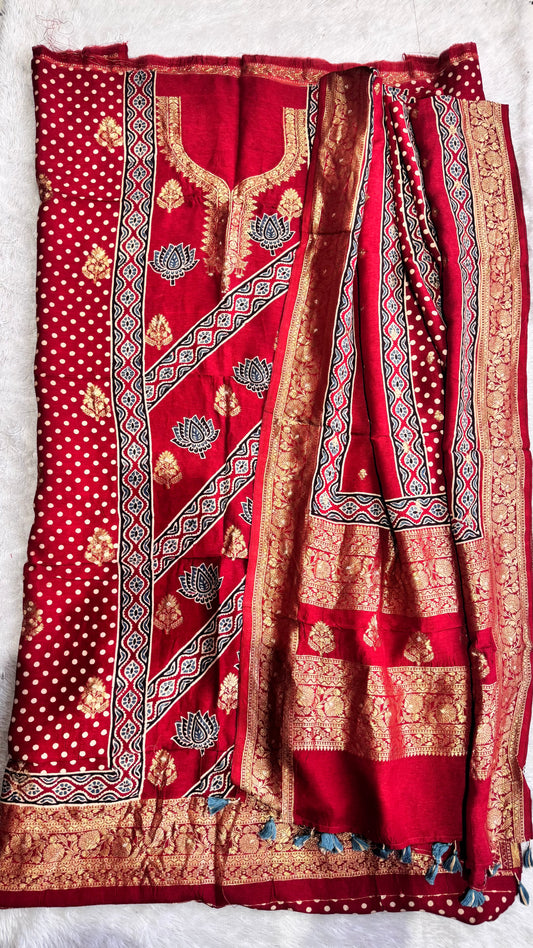 Deep Red Kamal Boota Pure Dola Silk Ajrakh Hand Block Print 2pc Suit Material Set with Zari Yoke and Nakkashi Dupatta