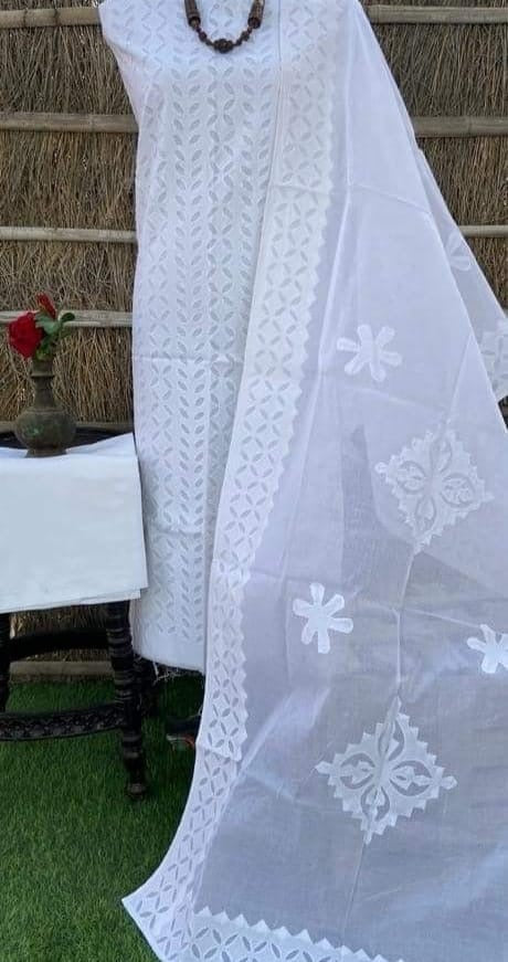 Pure White Barmer Applique Cut Work Cotton 3pc Suit Material Set