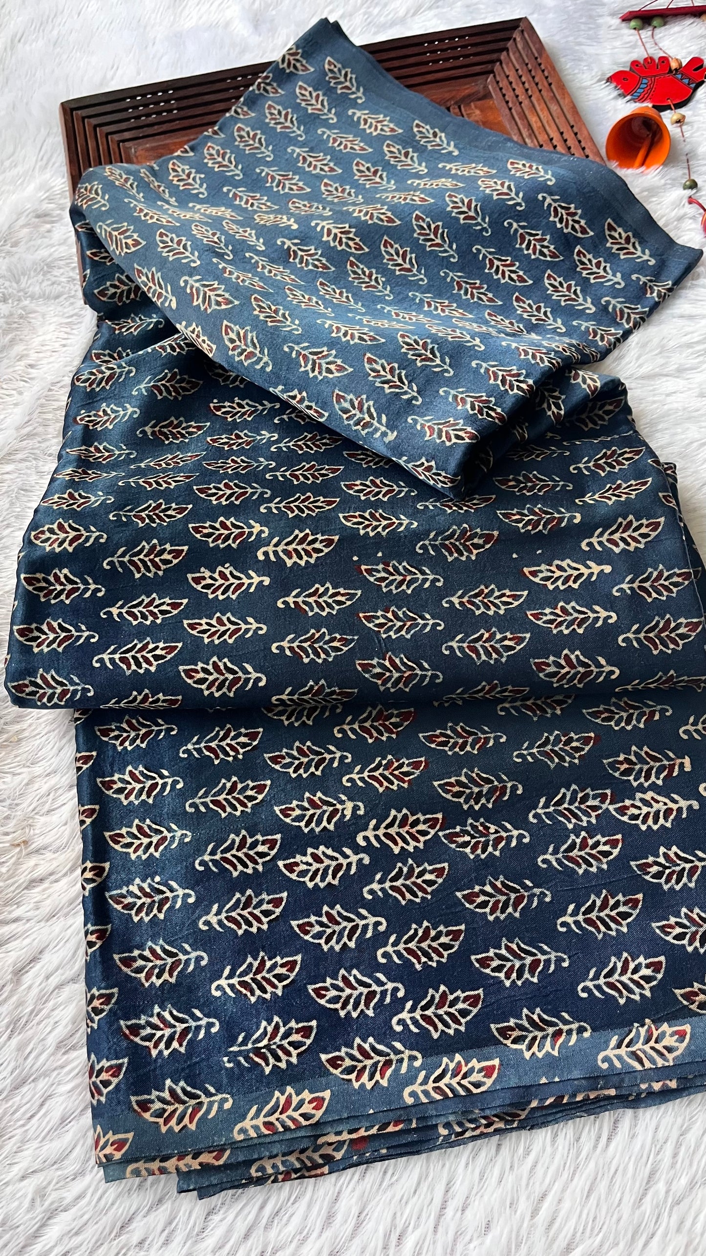 Blue Choti Buti Ajrakh Mashru Silk fabric