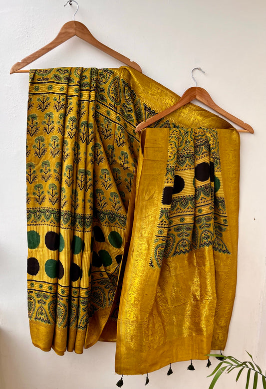 Turmeric Yellow Mugal Buta Motif Ajrakh Hand Block Dola Silk Saree with Zari Pallu (With Blouse)